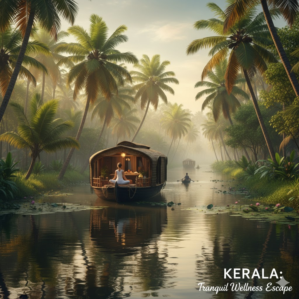 Kerala backwaters with a serene wellness retreat surrounded by palm trees and calm waters Kerala backwaters with a serene wellness retreat surrounded by palm trees and calm waters