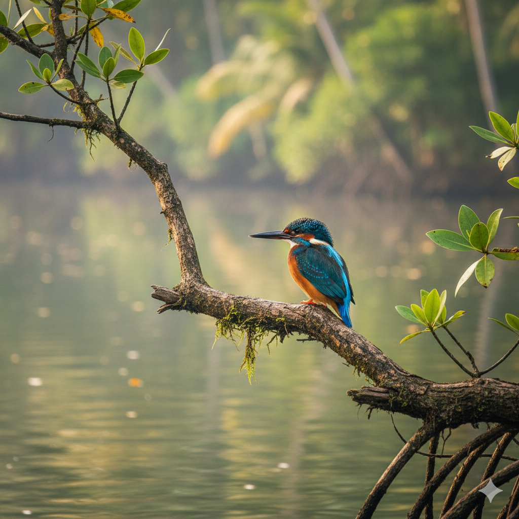 Kingfisher perched on mangrove branch Kerala 