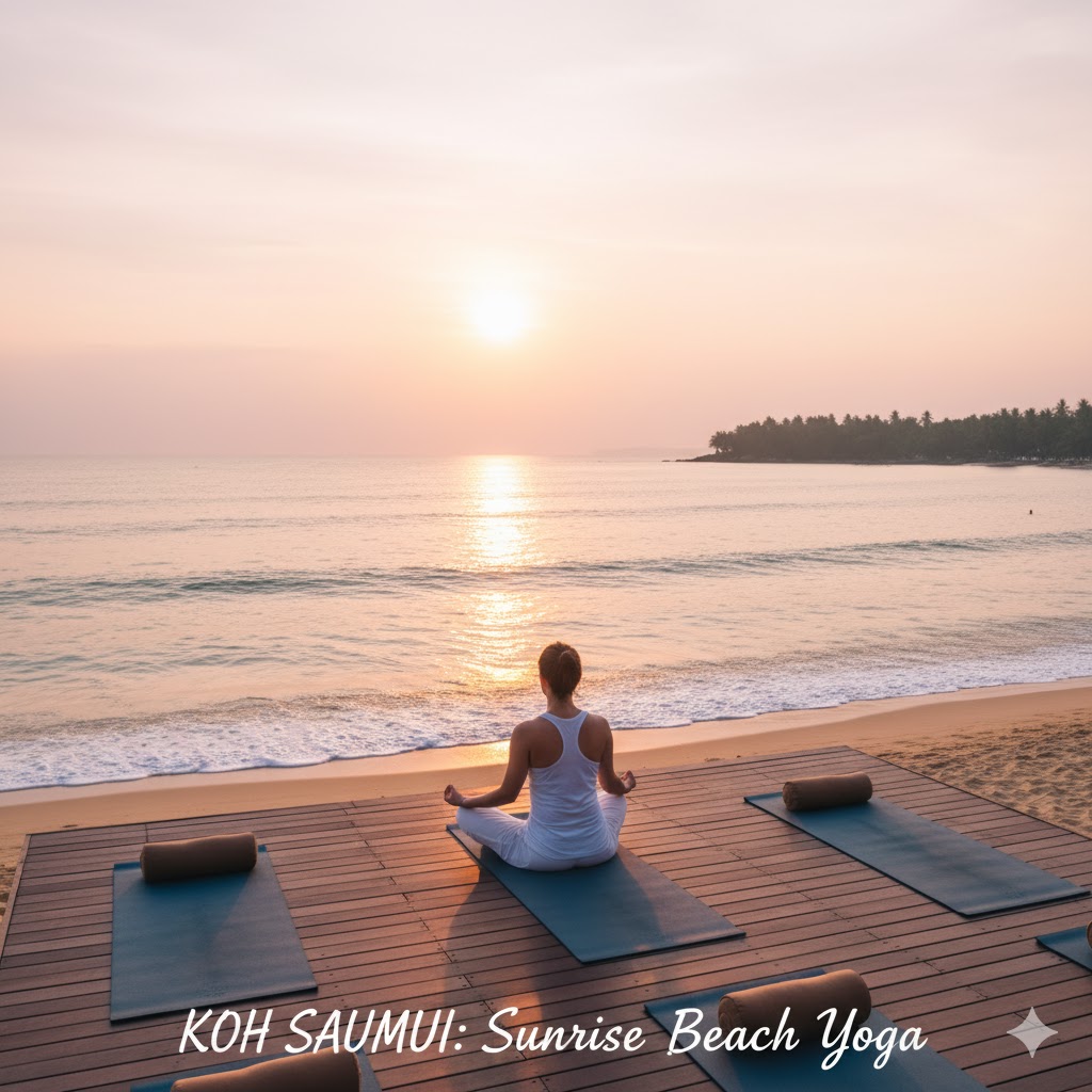 Koh Samui beach yoga deck overlooking a pastel sunrise with calm ocean waves Koh Samui beach yoga deck overlooking a pastel sunrise with calm ocean waves