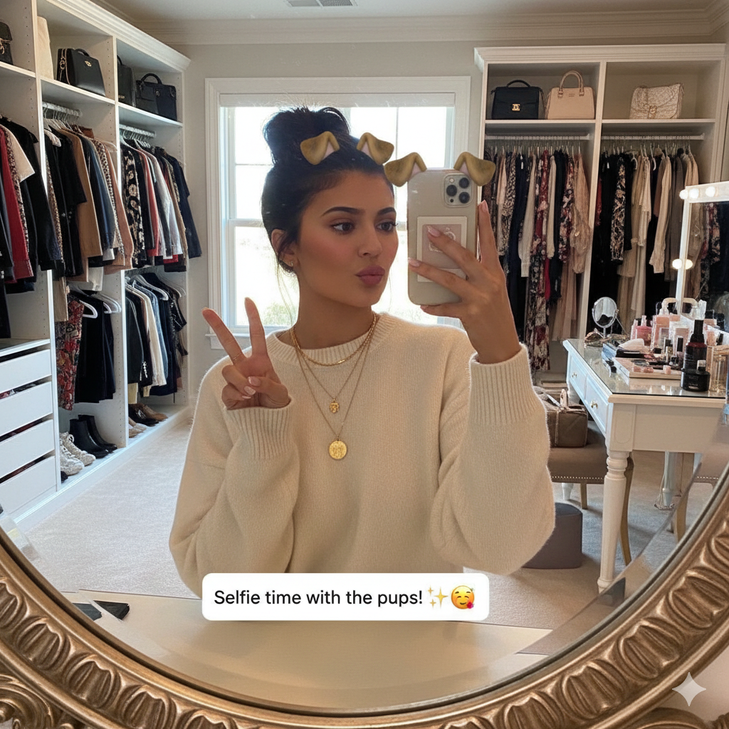 Kylie Jenner smiling for social media selfie 2025