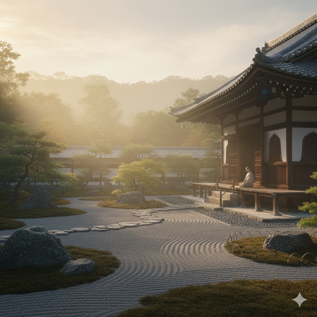 Kyoto Zen garden with wooden temple and soft morning mist creating a calming spiritual atmosphere Kyoto Zen garden with wooden temple and soft morning mist creating a calming spiritual atmosphere