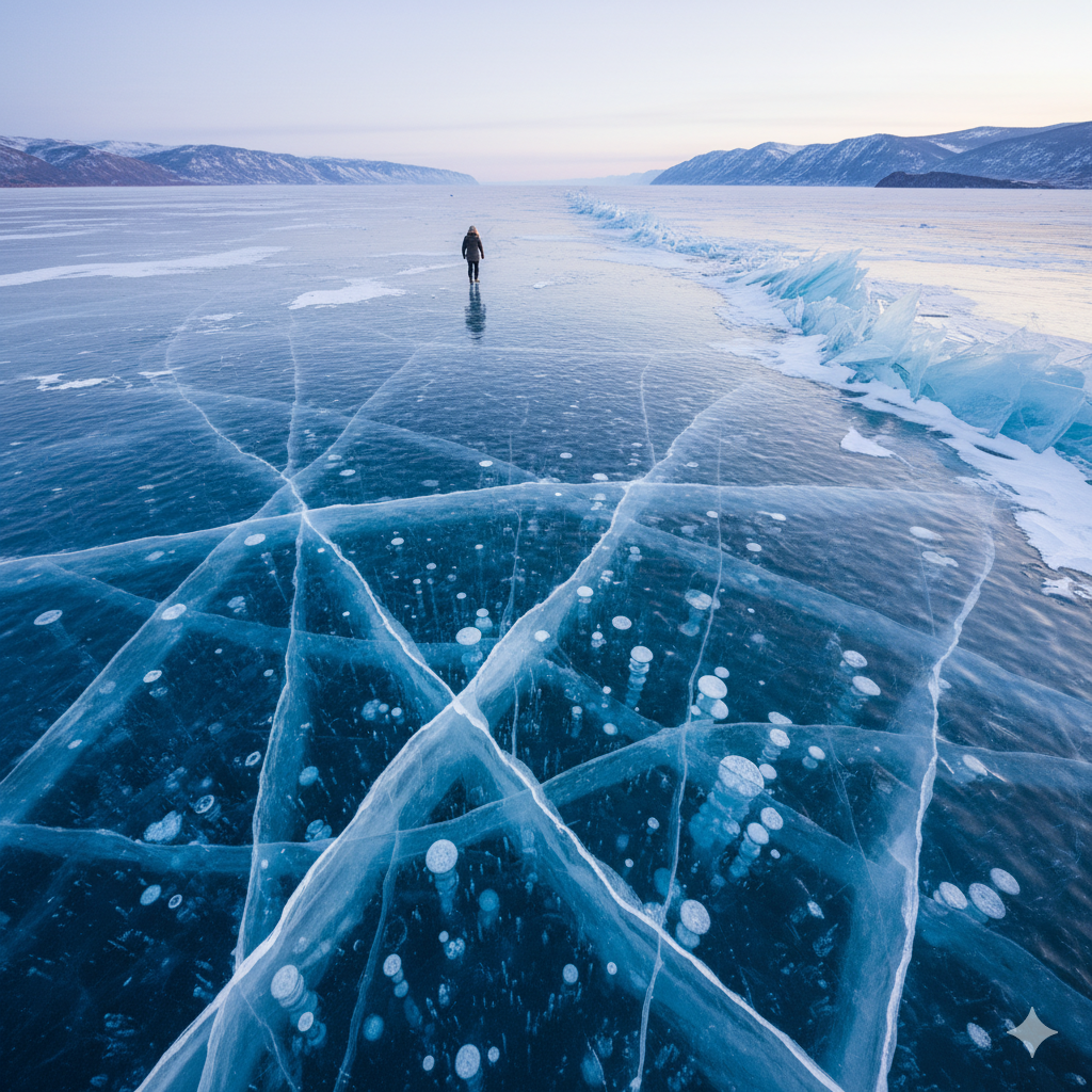 Lake Baikal frozen crystal-clear ice Russia