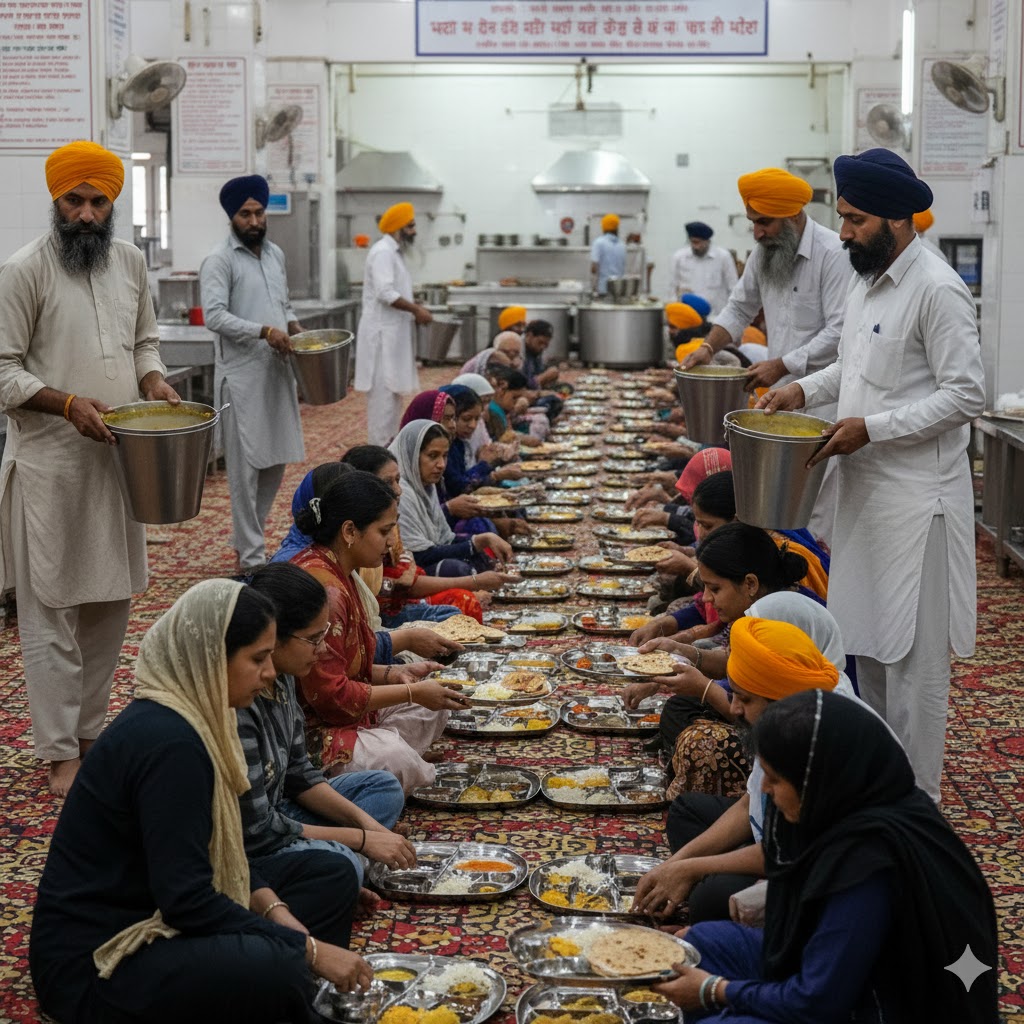 Langar volunteers serving food to international devotees