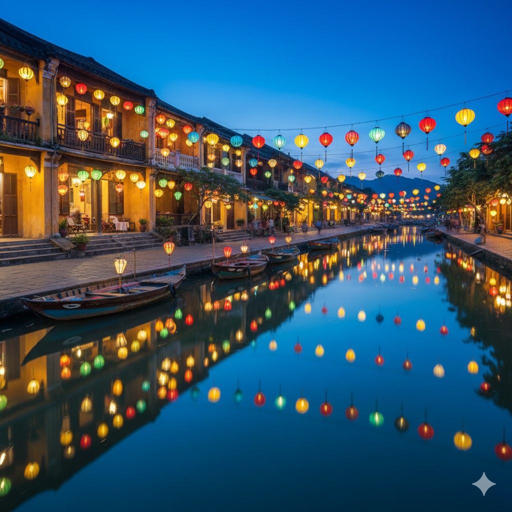 Lantern-lit streets of Hoi An reflecting on the Thu Bon River during blue hour.