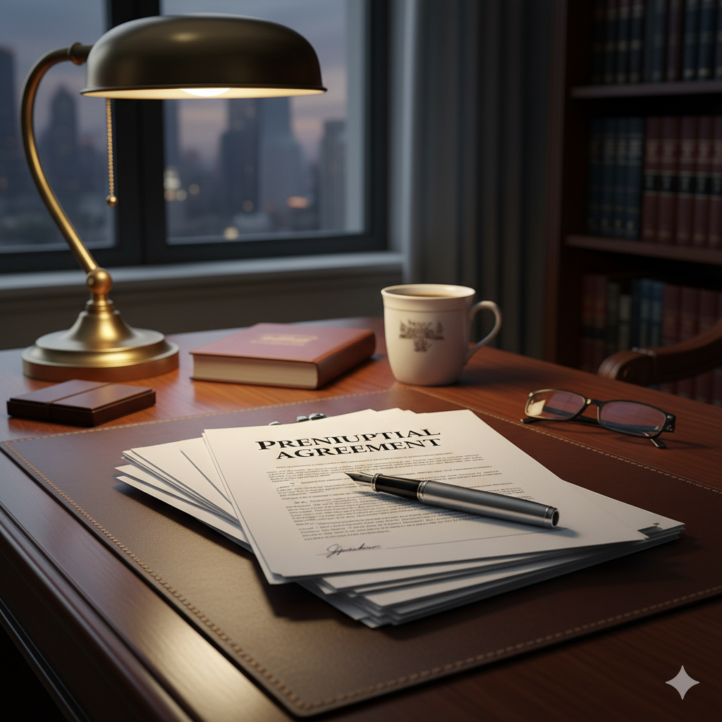 Lawyer desk with prenup papers and pen