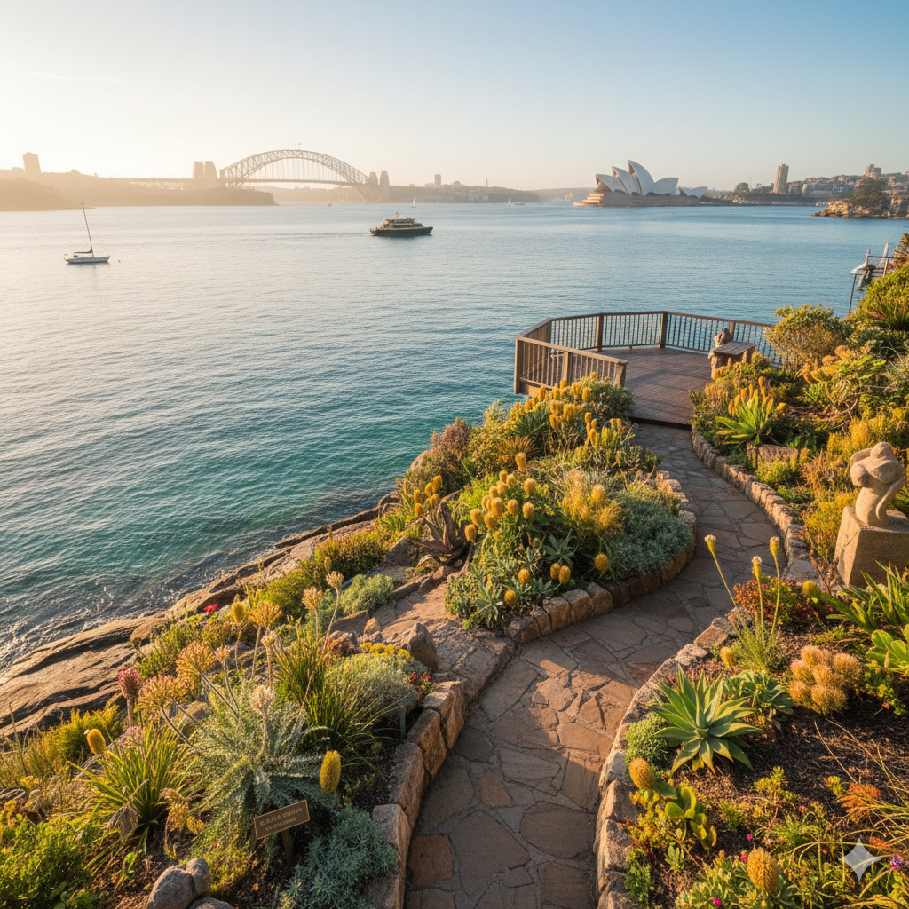 Lex & Ruby Garden Cremorne Sydney harbour edge plants and water view