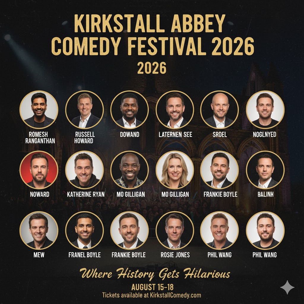 Lineup poster showcasing top comedians for Kirkstall Abbey Comedy Festival 2026. Lineup poster showcasing top comedians for Kirkstall Abbey Comedy Festival 2026.