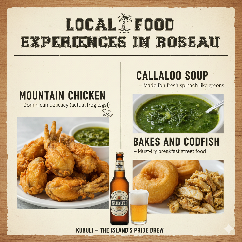 Local Food in Roseau - Mountain Chicken, Callaloo Soup, Bakes and Codfish, Kubuli Beer