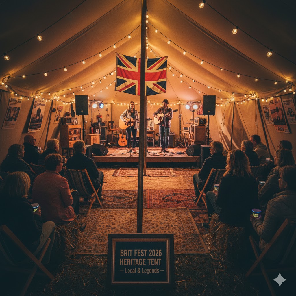Local artists performing in the Brit Fest 2026 Heritage Tent surrounded by vintage décor.