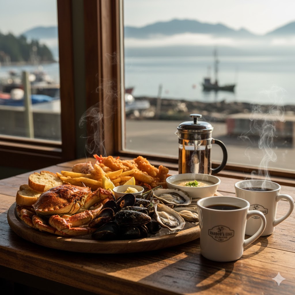 Local seafood platter and coffee from Vancouver Island coastal cafés.