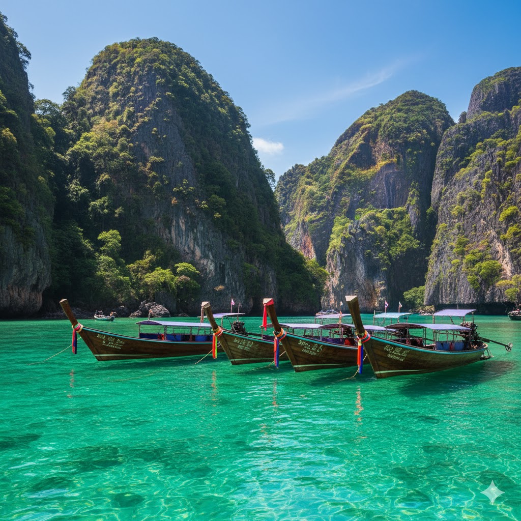 Long-tail boats floating across emerald waters against Krabi’s towering cliffs. 