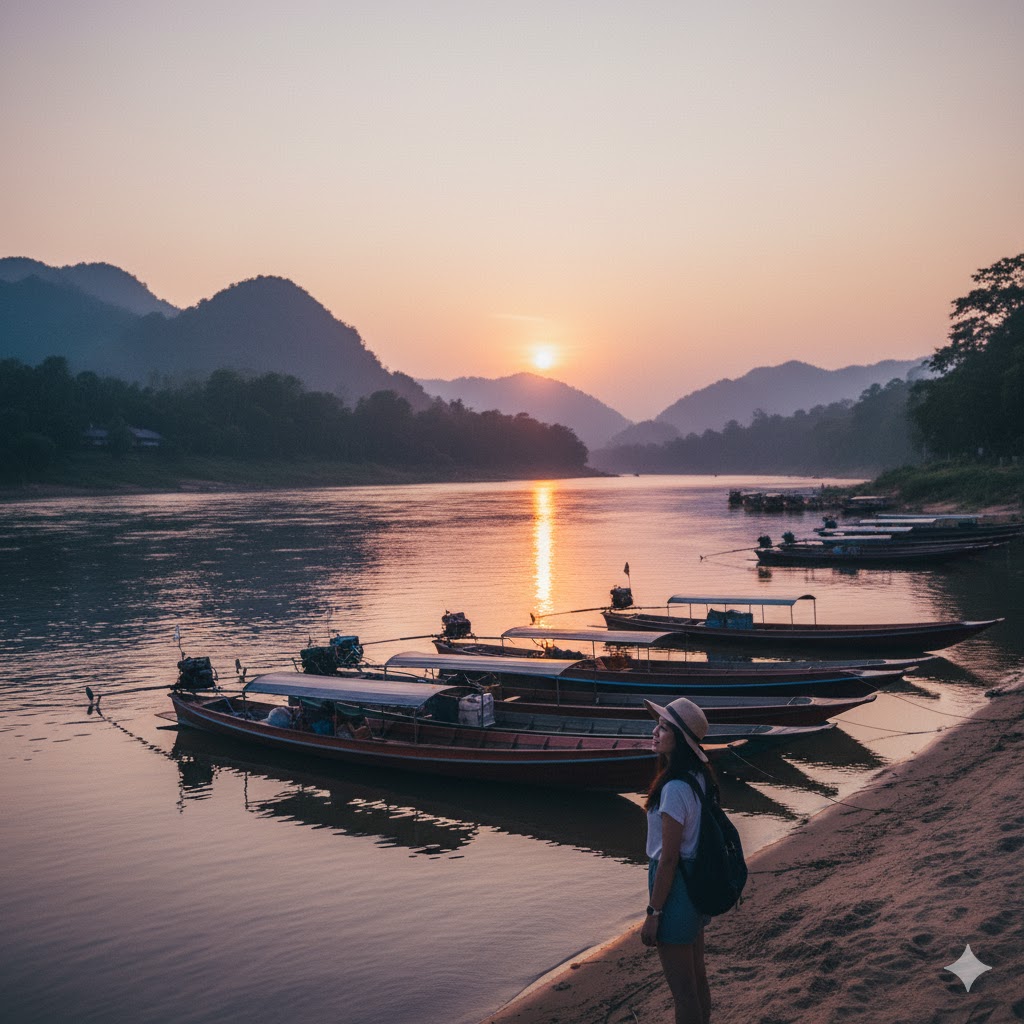 Luang Prabang riverside at sunset with calm boats, symbolizing peaceful and affordable travel for solo women