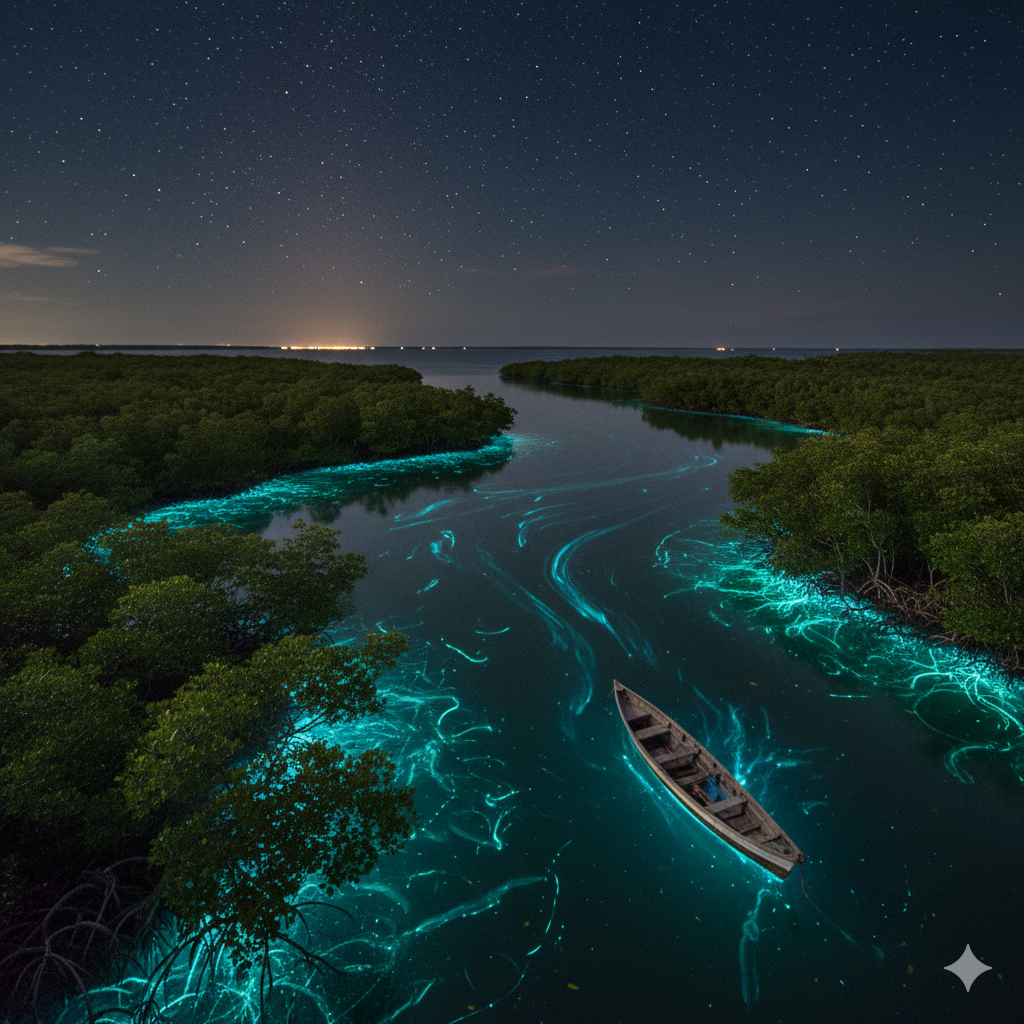 Dense mangrove forest on coast of bioluminescent bay in Puerto Rico