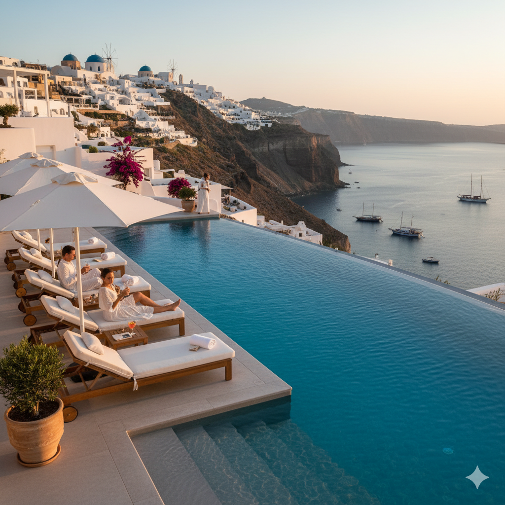 Luxury relaxation at Santorini cliffside pools