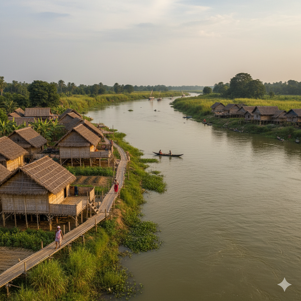 Majuli island village and traditional bamboo huts