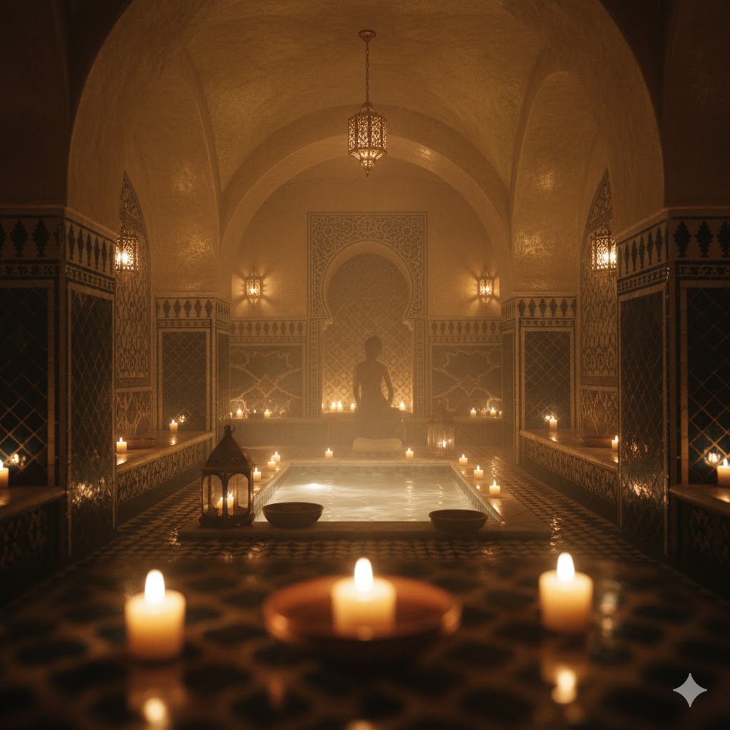Marrakech hammam spa interior with candles, steam, and warm golden textures for sensory renewal Marrakech hammam spa interior with candles, steam, and warm golden textures for sensory renewal