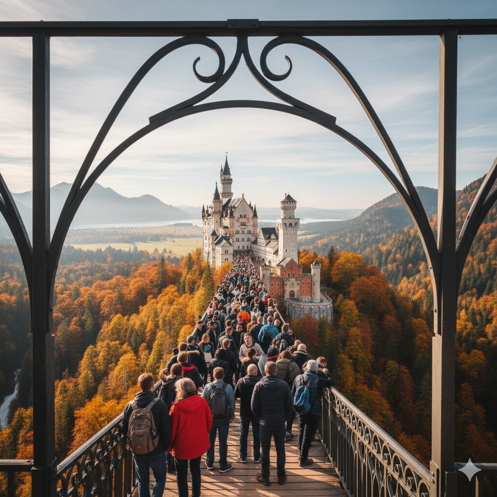 Tourists standing on Mary’s Bridge overlooking Neuschwanstein Castle