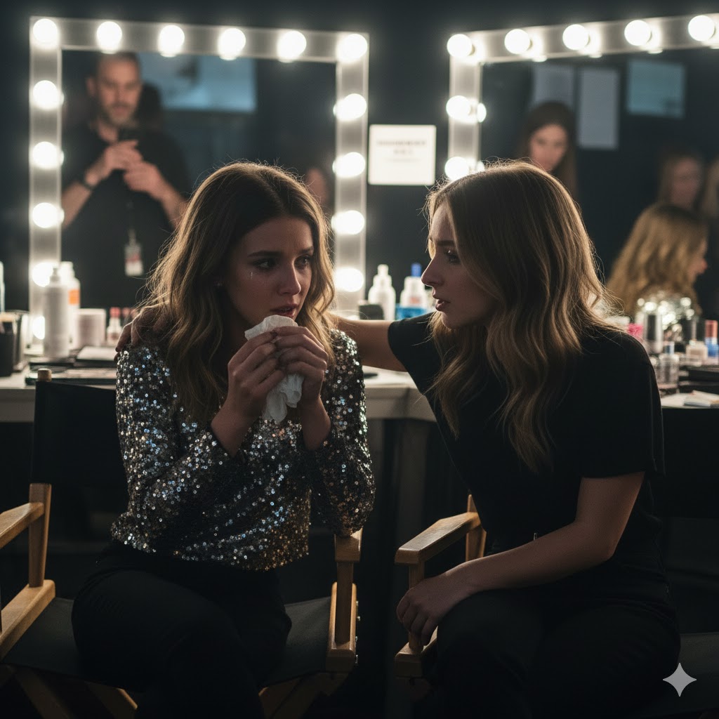 Millie Bobby Brown and Sabrina Carpenter behind the scenes of a press event, highlighting empathy and peer support among young celebrities.” 