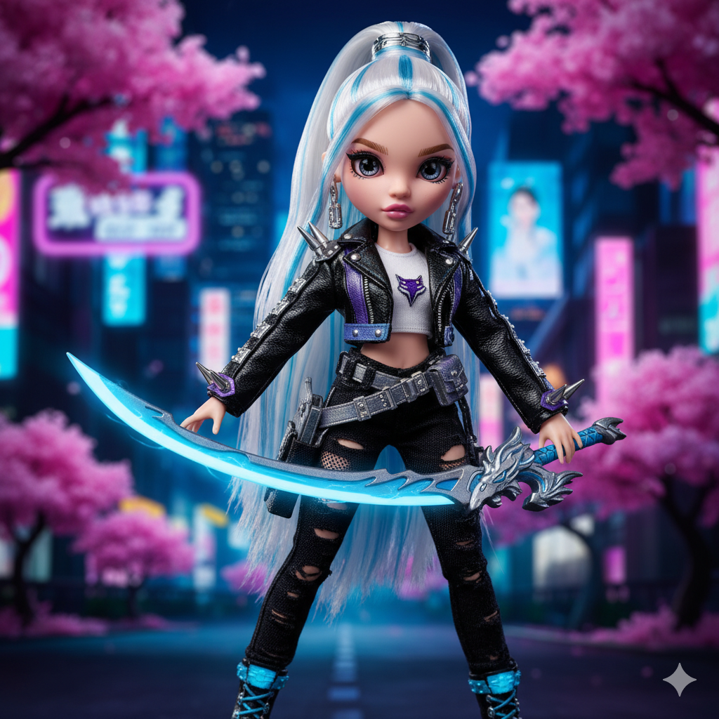 Mira doll close-up showing screen-accurate costume and weapon from Netflix’s KPop Demon Hunters