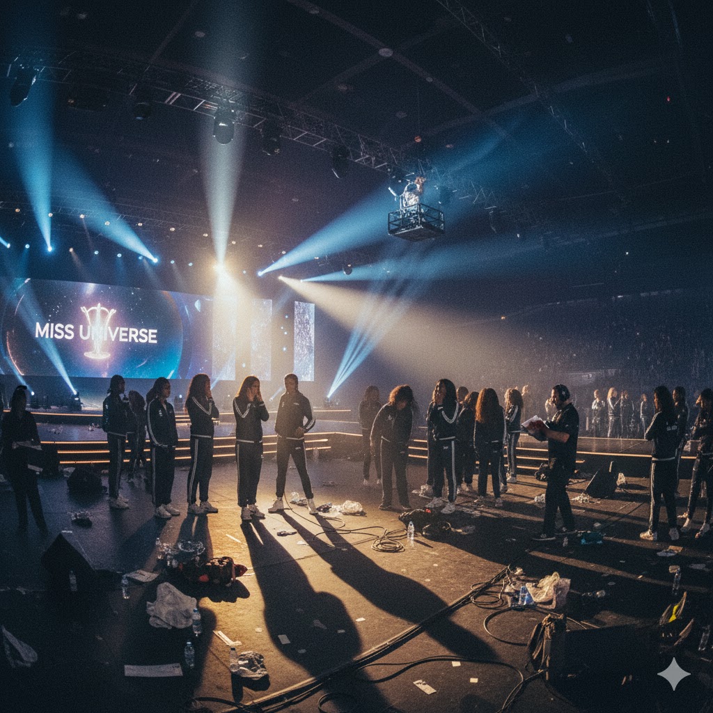Miss Universe stage lights during rehearsal, stressful environment behind glamour.