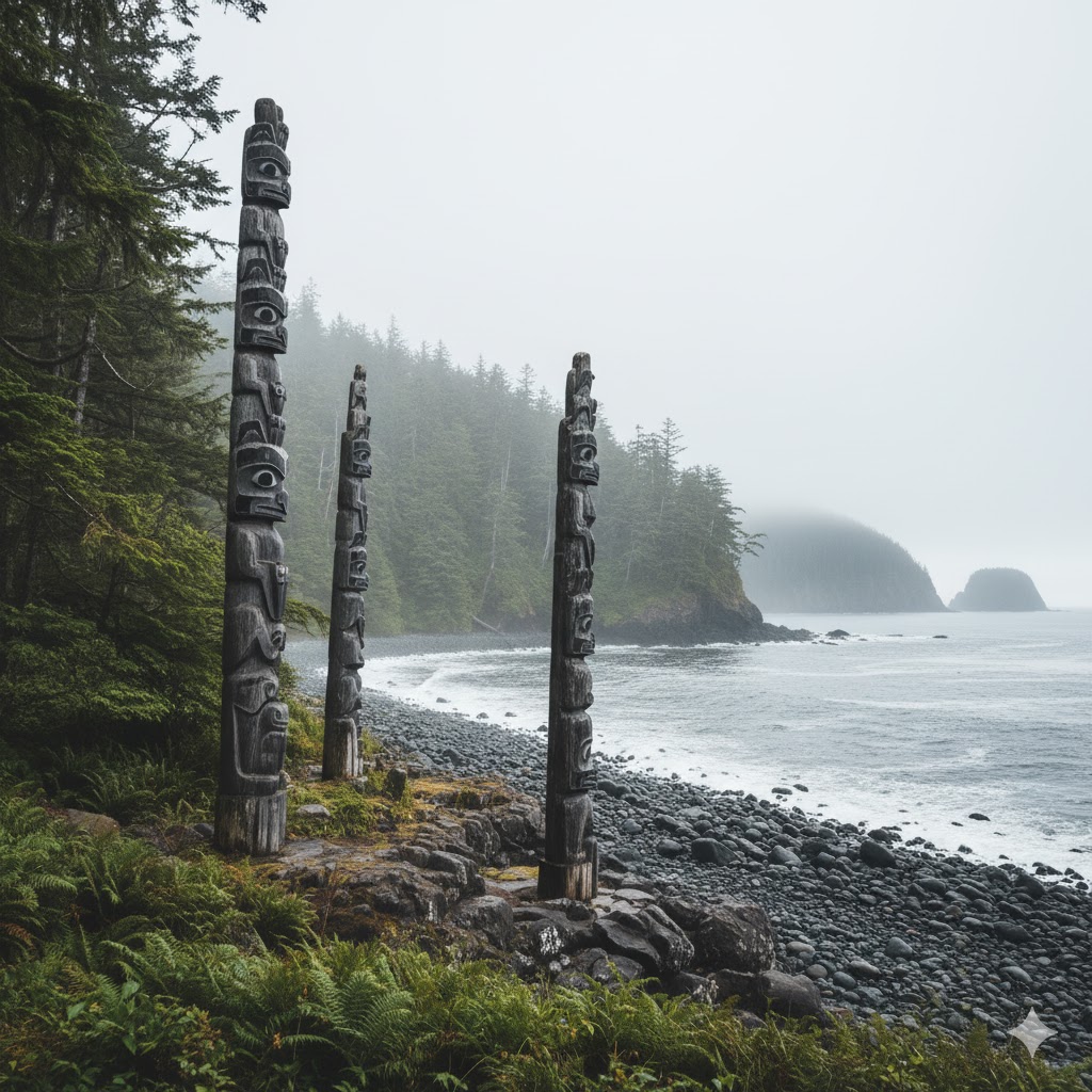 Misty coastal cliffs and cedar forests of Haida Gwaii with carved totem poles standing near the shoreline