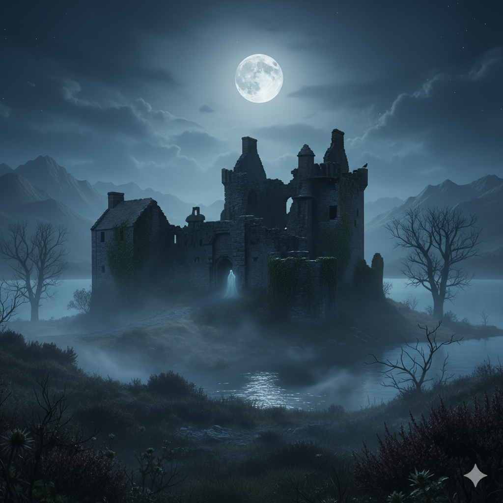 Moonlit haunted castle ruins in Scotland