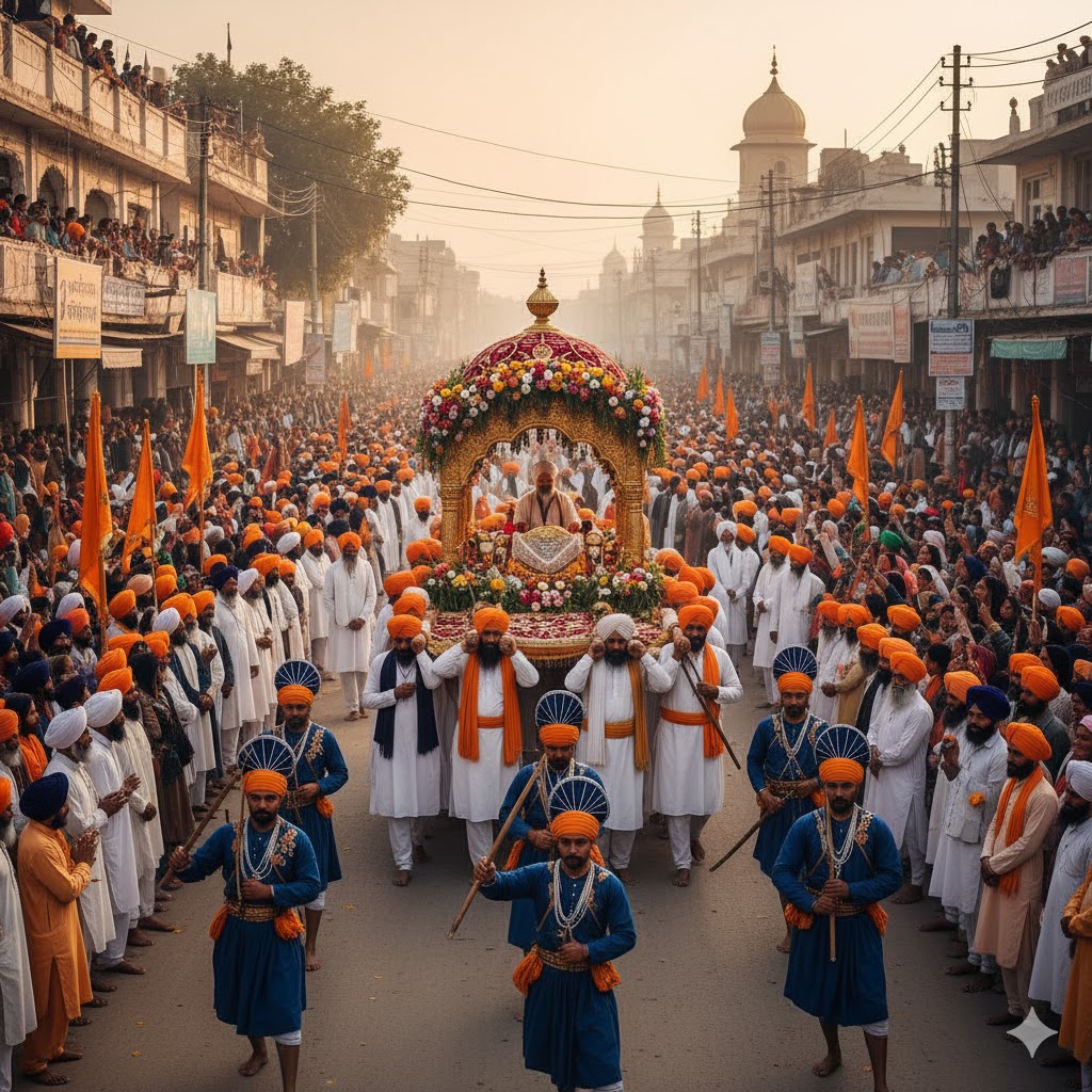 Nagar Kirtan procession moving through Nankana Sahib with decorated palki sahib and Gatka performers