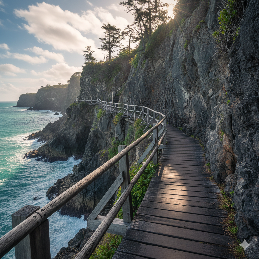Tourist walking along wooden pathway hanging from cliff at Xuankong Temple