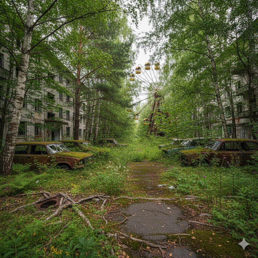 Nature reclaiming Pripyat streets