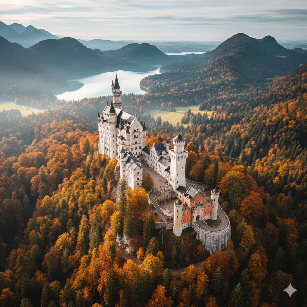 Neuschwanstein Castle surrounded by fall foliage in Bavaria, Germany