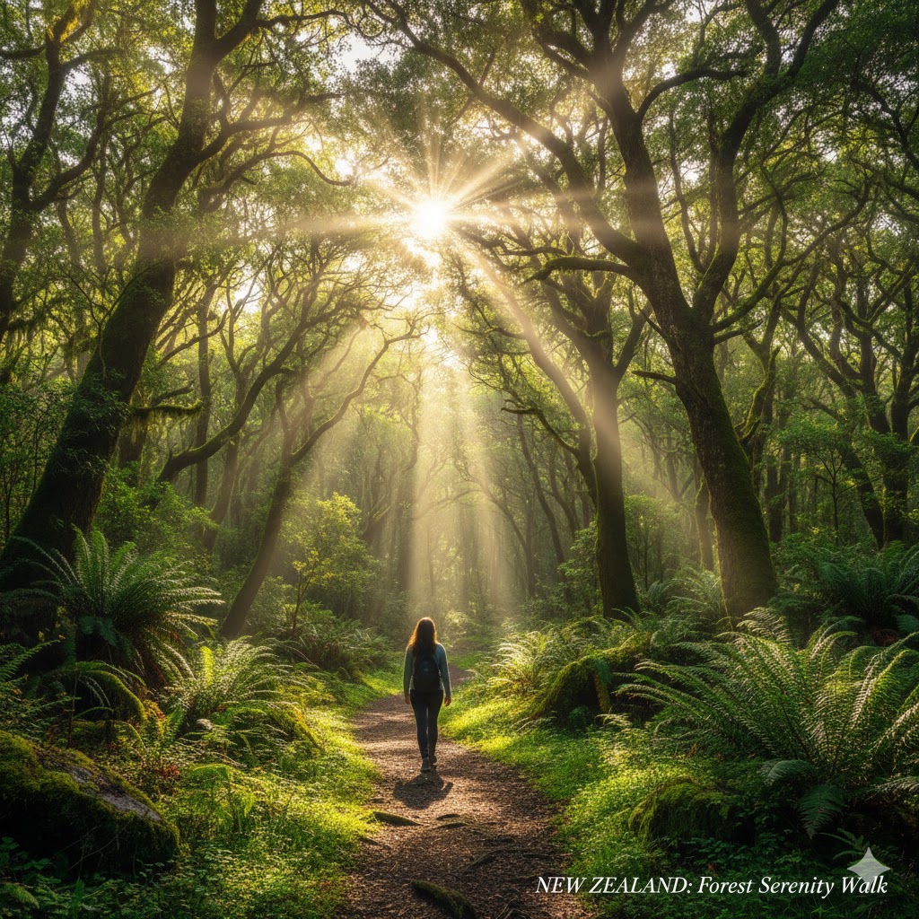 New Zealand forest wellness path with sunlight filtering through tall green trees New Zealand forest wellness path with sunlight filtering through tall green trees