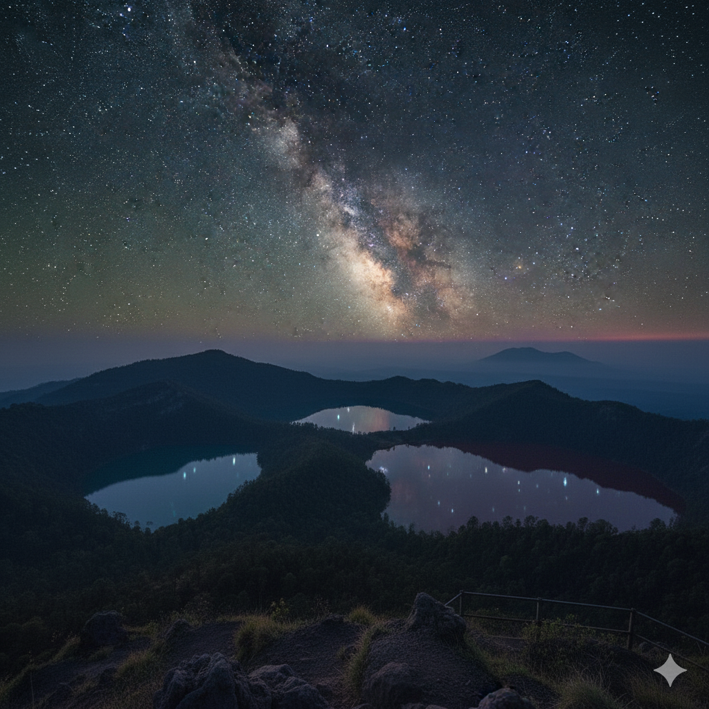 Starry night sky reflecting on Kelimutu volcano lakes in Flores, Indonesia
