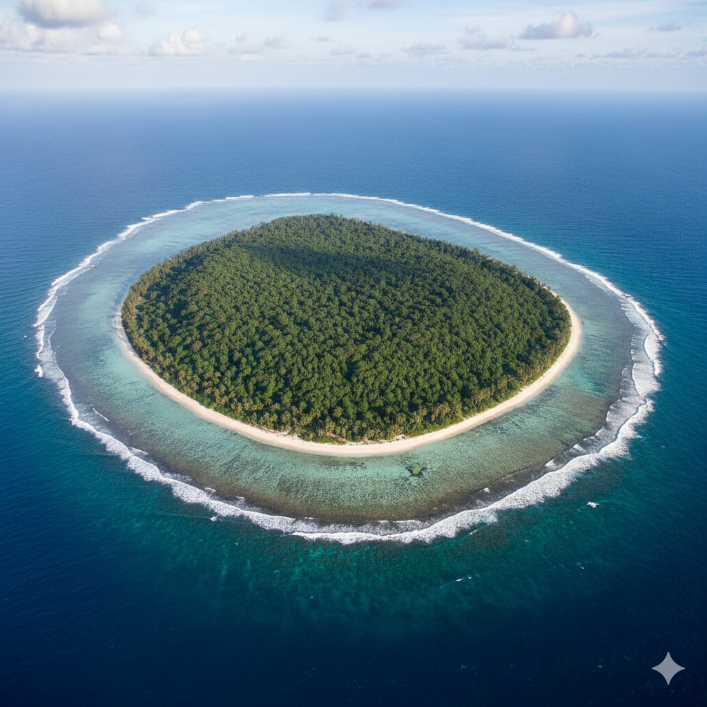 Aerial view of North Sentinel Island surrounded by coral reefs