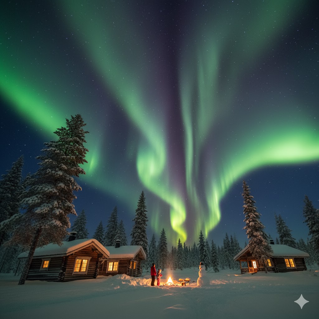 Northern Lights glowing above snowy cabins in Rovaniemi, Finland Northern Lights glowing above snowy cabins in Rovaniemi, Finland