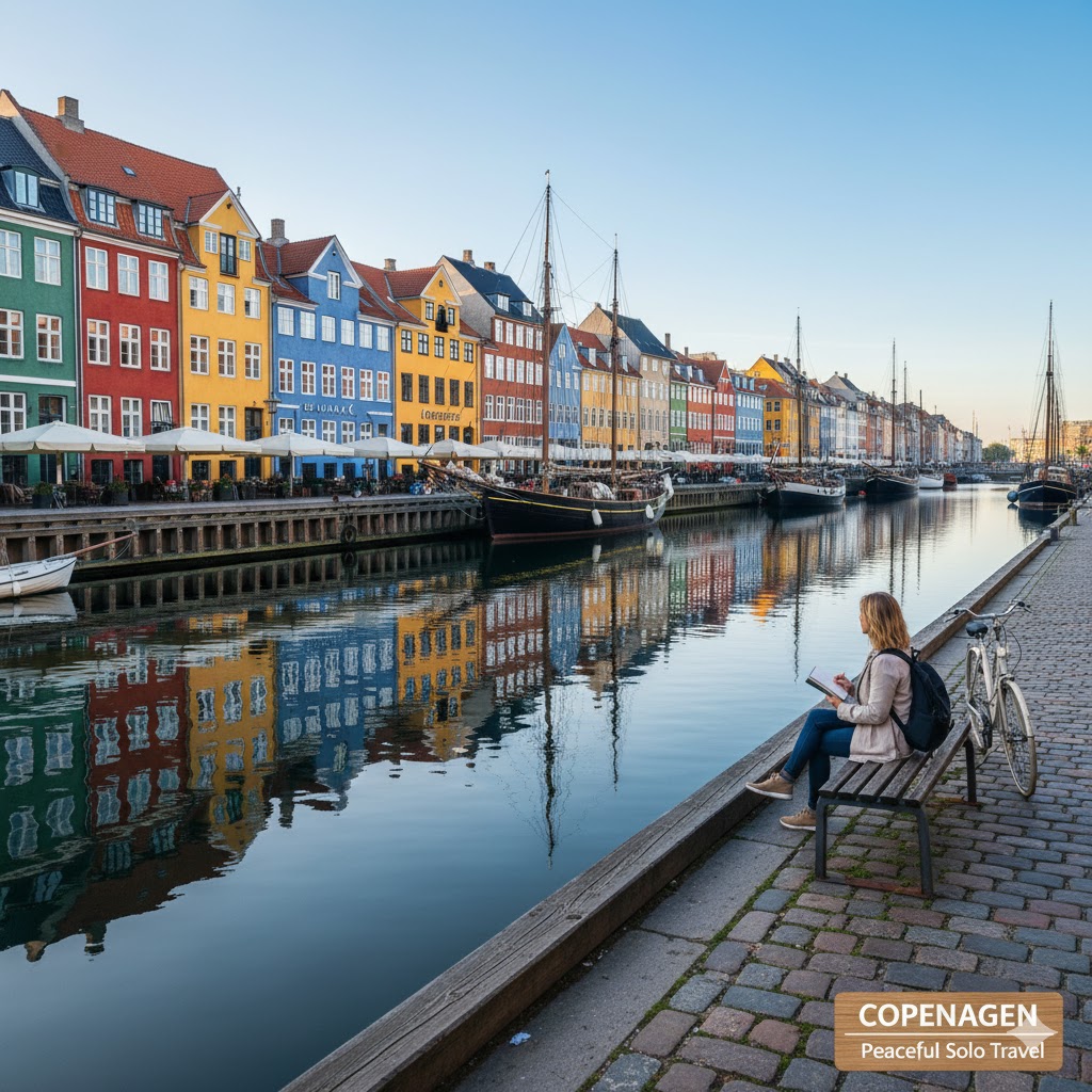 Nyhavn’s colorful harbor houses reflected in calm water, showing Copenhagen’s peaceful solo travel atmosphere