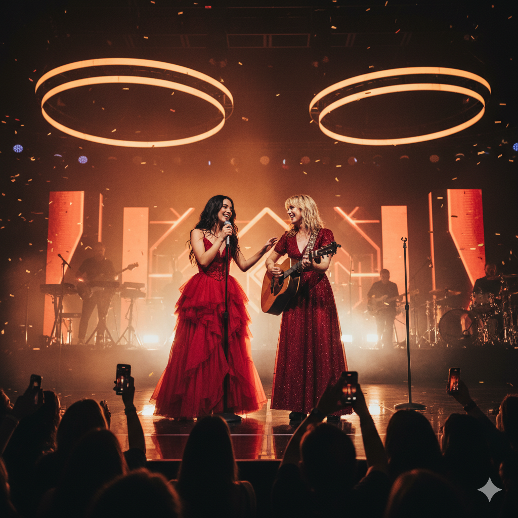 Olivia Rodrigo performing in red mini dress with Feist on stage at the Rock & Roll Hall of Fame