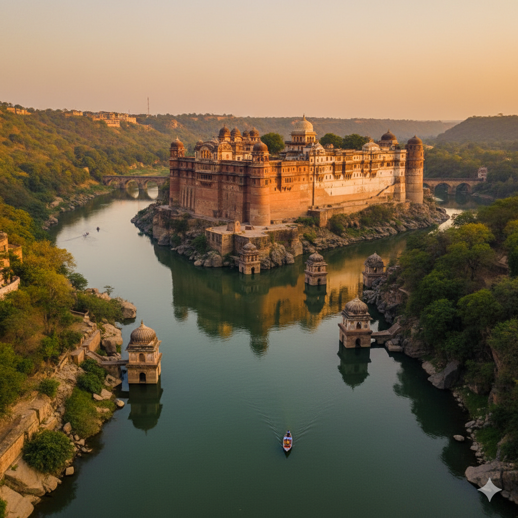 Orchha palace complex overlooking Betwa River