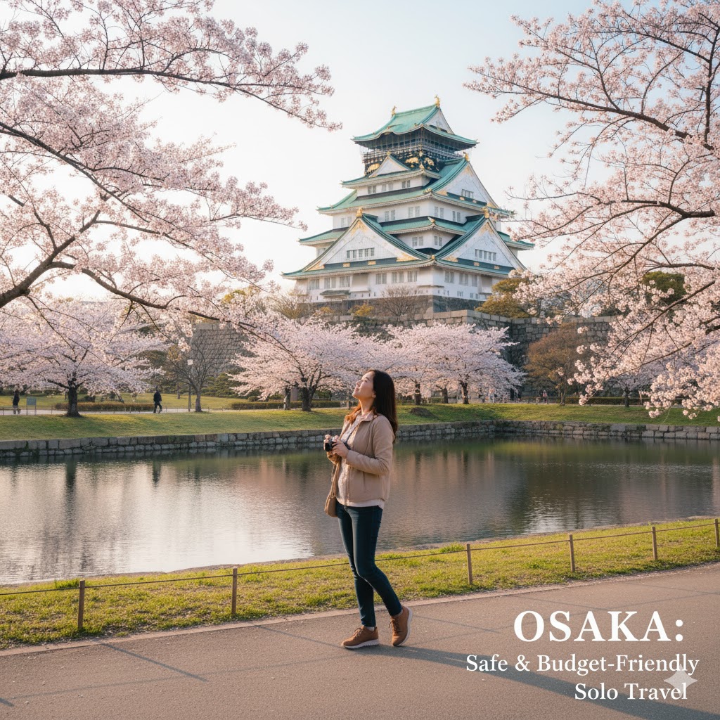Osaka Castle surrounded by calm lawns, showing Japan’s safe and budget-friendly environment for female travelers