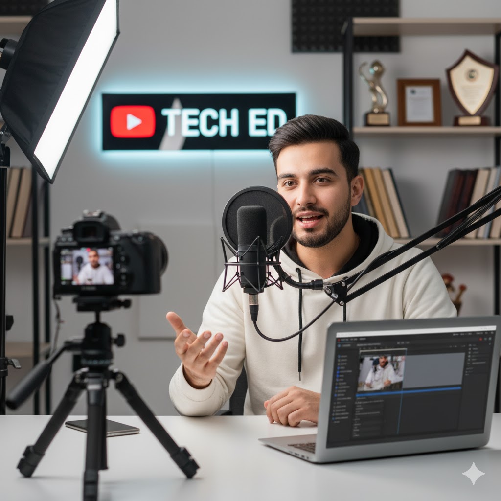 Pakistani content creator recording educational YouTube video using camera and microphone.