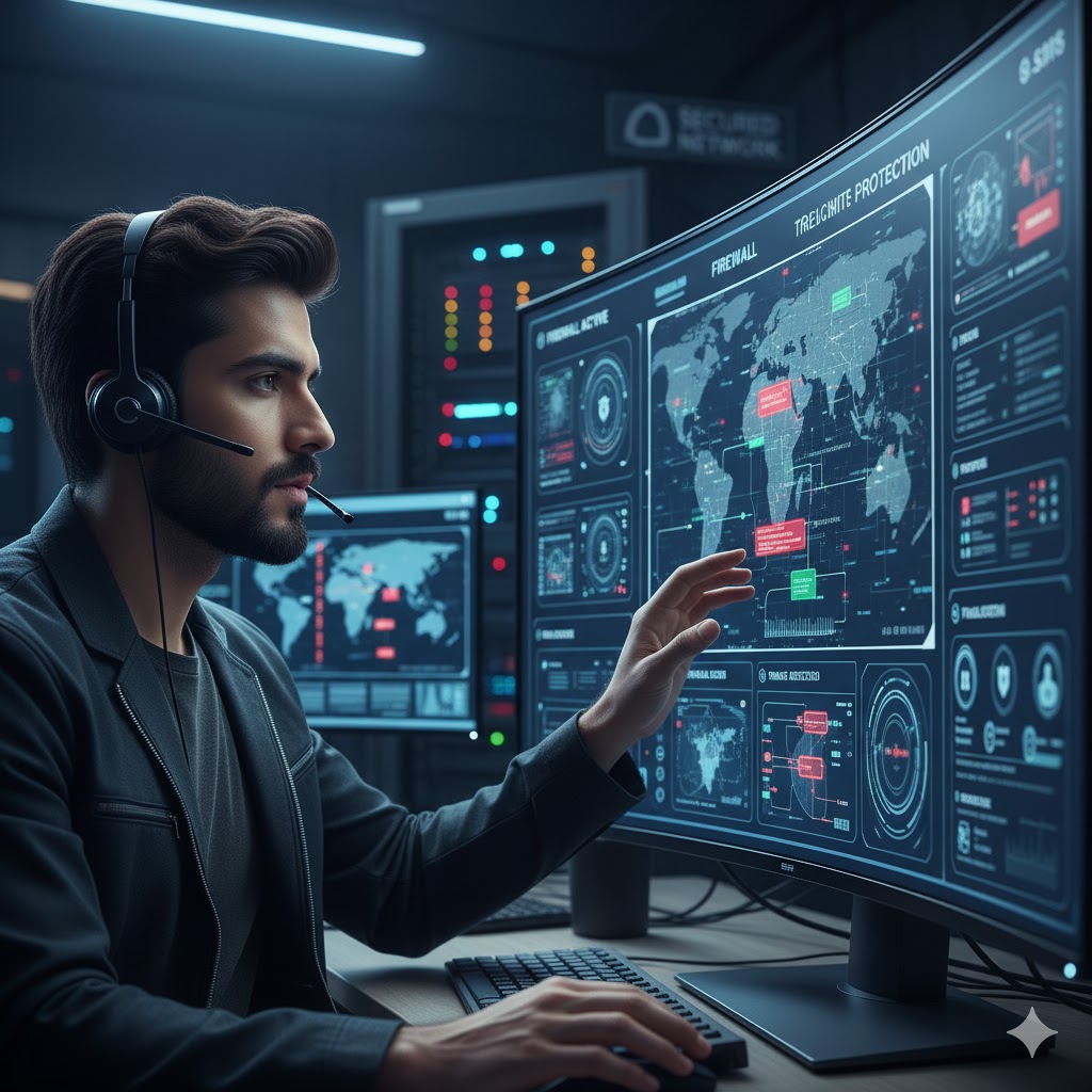 Pakistani cybersecurity expert using digital firewall protection tools on computer screen.