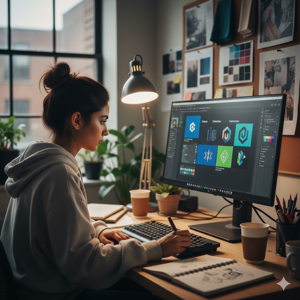  Pakistani graphic designer creating visual brand layout using Adobe software.