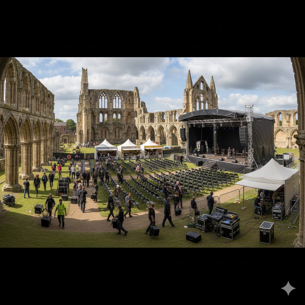 Panoramic view of Kirkstall Abbey courtyard during festival setup. Panoramic view of Kirkstall Abbey courtyard during festival setup.