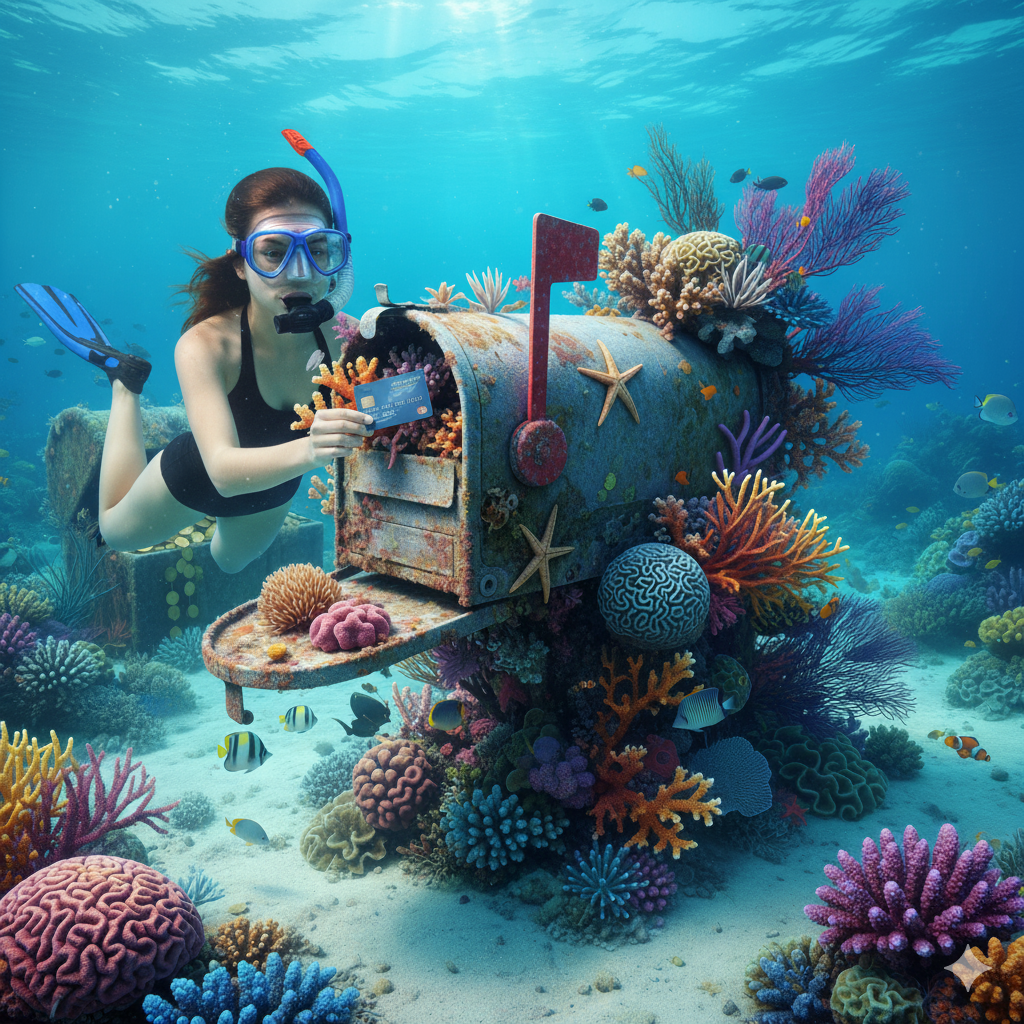 Person snorkeling and sliding card into box