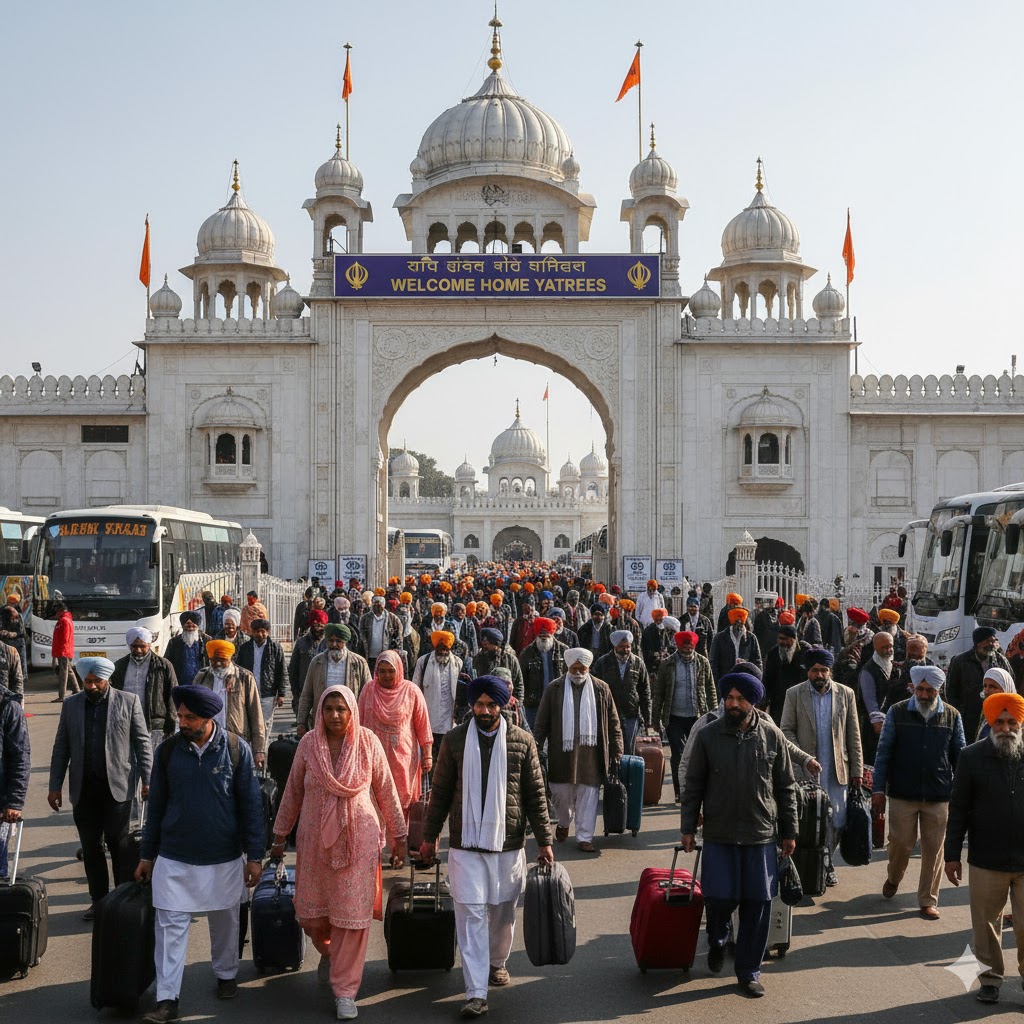Pilgrims arriving at the main entrance of Nankana Sahib after traveling from different countries