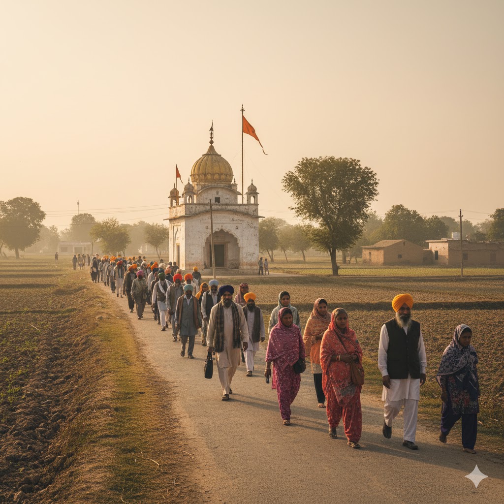 Pilgrims walking toward a smaller historical gurdwara located in the quiet outskirts of Nankana Sahib