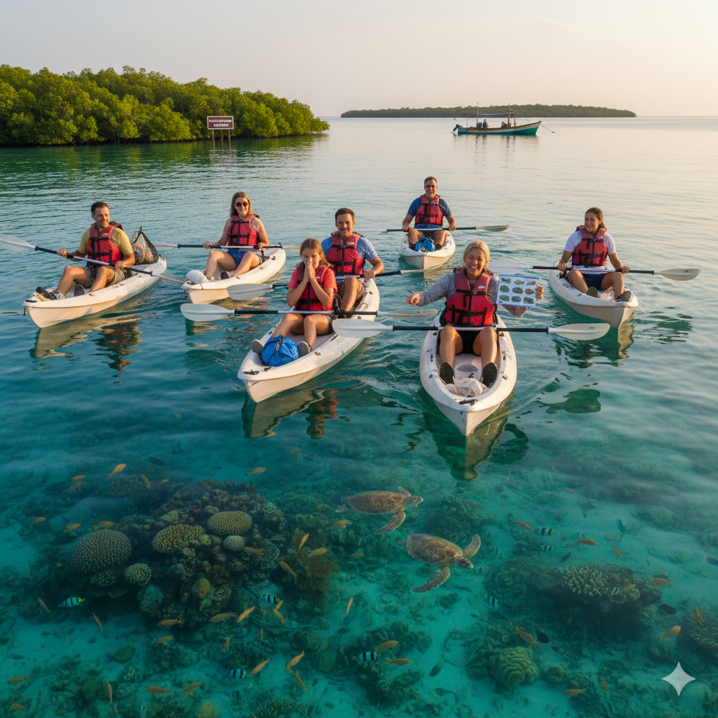 Eco-tourism kayakers paddling through glowing waters responsibly