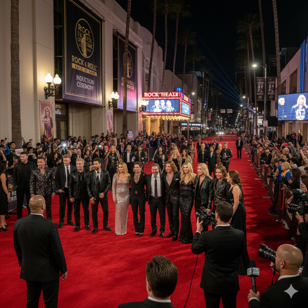 Rock & Roll Hall of Fame 2025 red carpet and celebrity crowd at Peacock Theater, Los Angeles