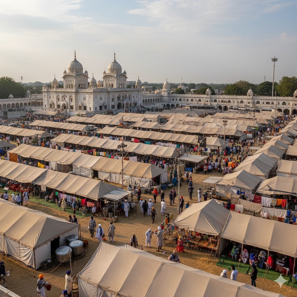 Rows of temporary pilgrim tents and accommodation setups prepared near the Gurdwara complex 