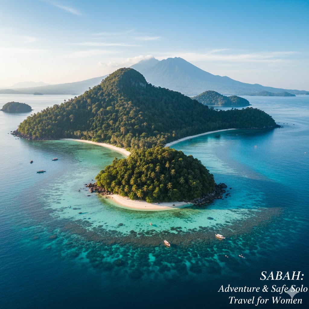 Sabah’s turquoise islands and green mountains showing adventure-filled yet safe travel for women