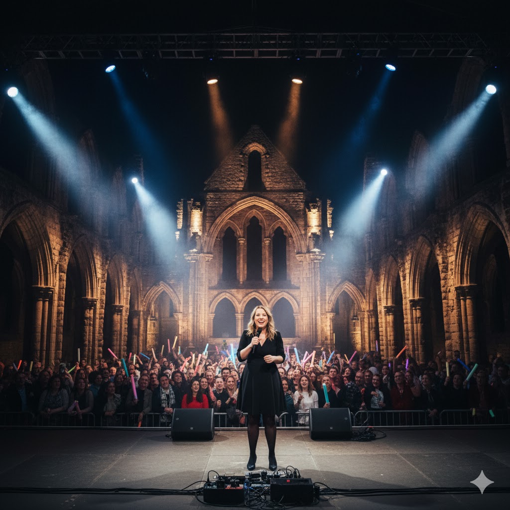 Sarah Millican performing live under illuminated abbey arches. Sarah Millican performing live under illuminated abbey arches.